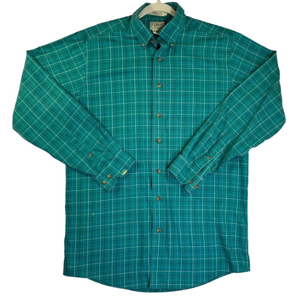 LL Bean Mens M Tall Green Plaid Wrinkle Free Button Down Shirt - See Desc